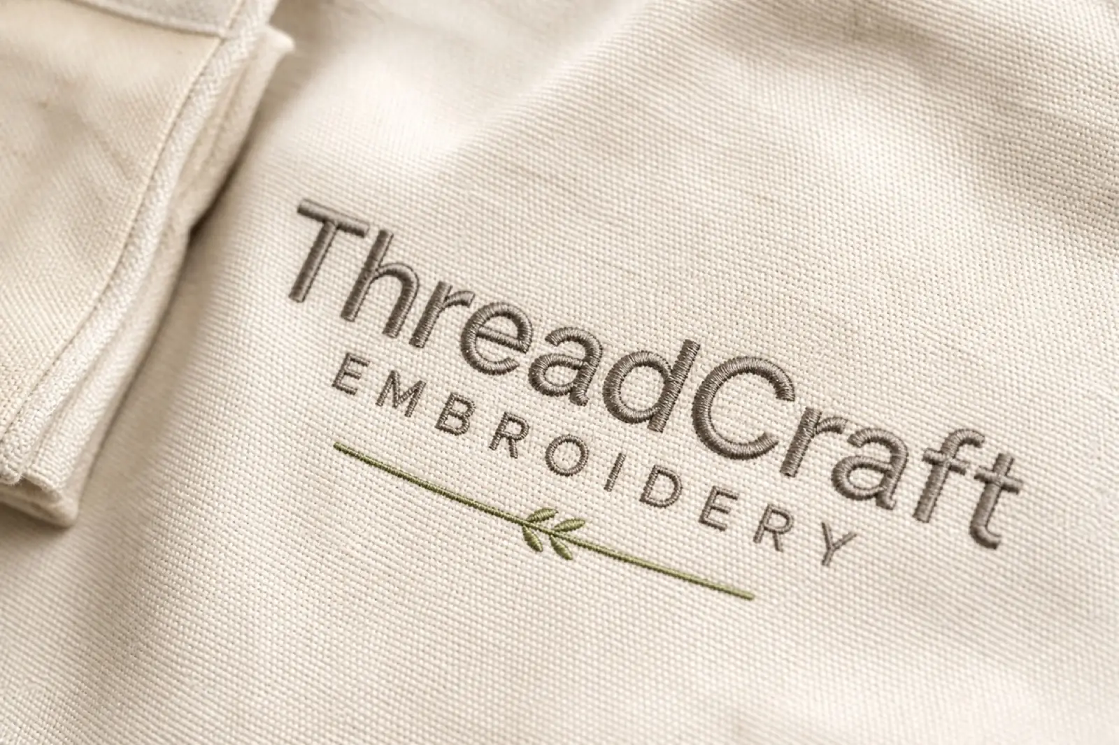 ThreadCraft Embroidery stitched in stone-gray thread on pearl canvas with a soft sage stitch accent