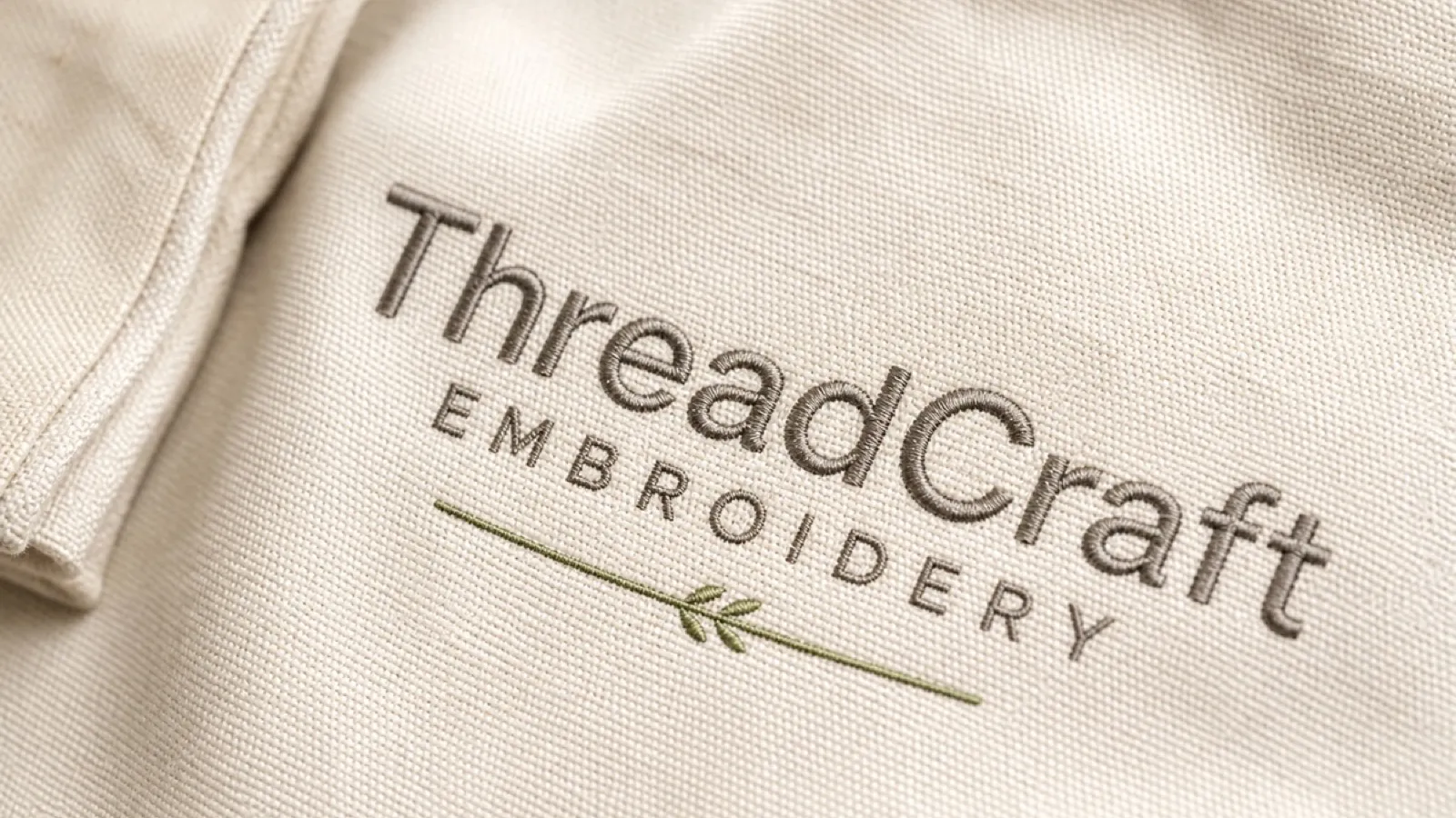 ThreadCraft Embroidery stitched in stone-gray thread on pearl canvas with a soft sage stitch accent